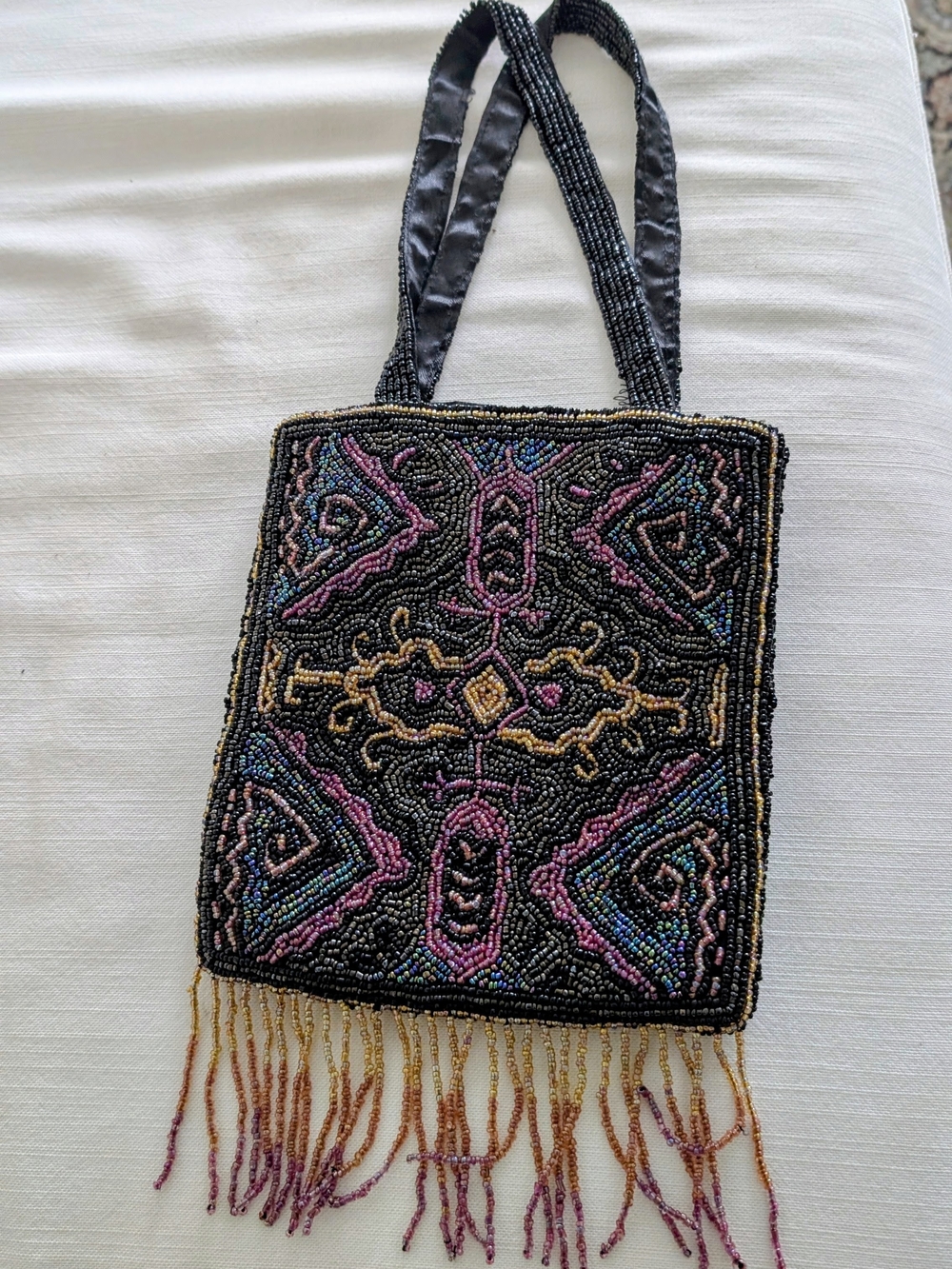 Beaded Fringe Tote Bag in Black with Multicolor Accents